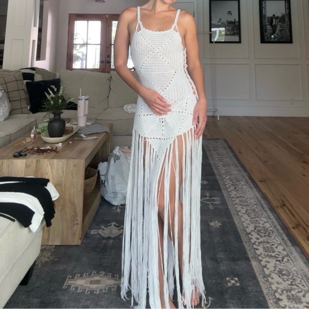 Elegant White Fringe Crochet Dress